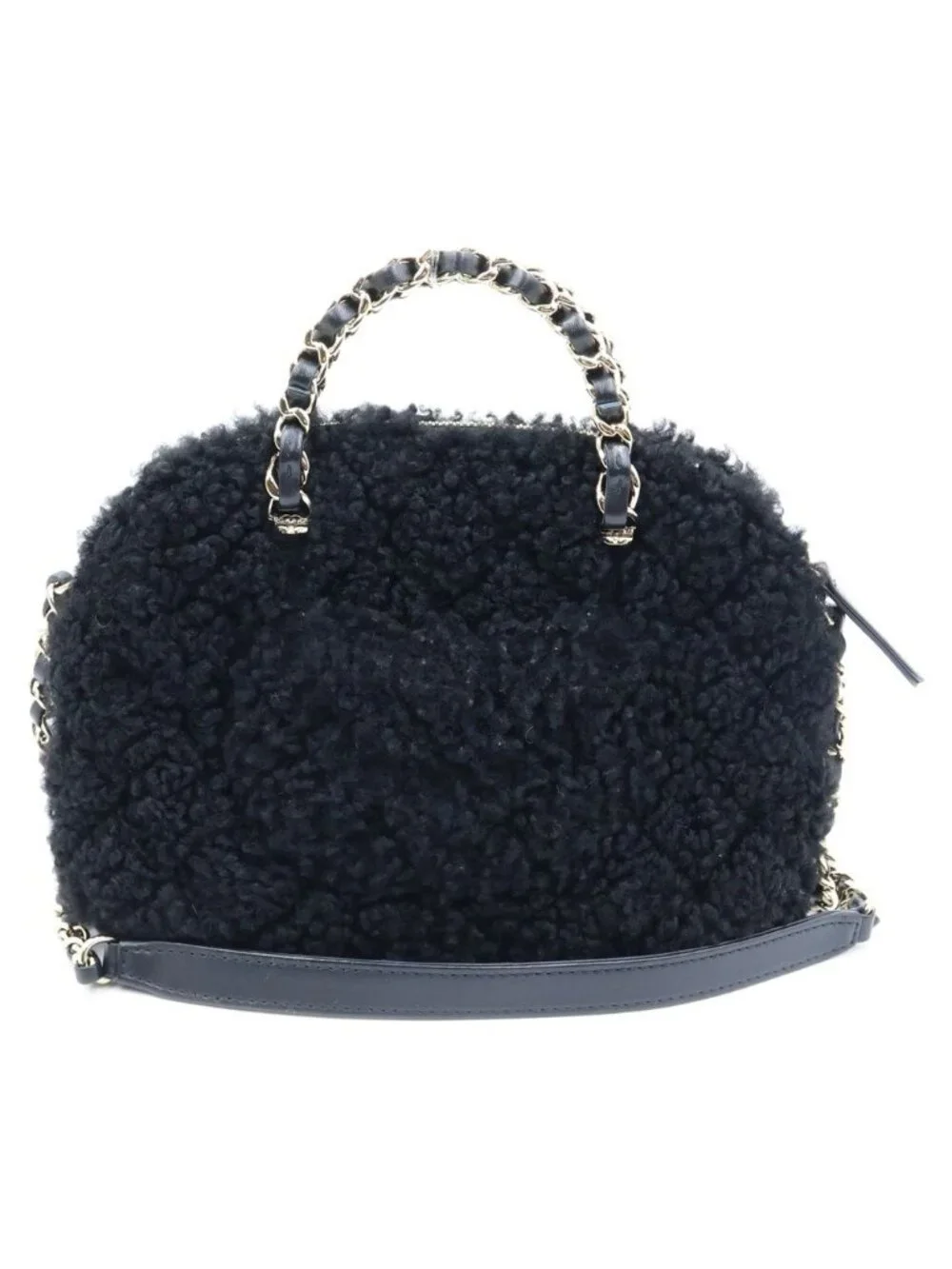 Chanel CC Logo Fleece 2-Way Shoulder Bag Black Leather Gold